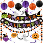 meowtastic Happy Halloween Banner Decorations - Halloween Banner with Honeycomb Ball, Halloween Hanging Swirl Streamer, Circle D