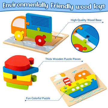 Wooden Vehicle Puzzles Toy Gift For 1, 2, 3 Years Old Boys Girls, Toddler Best Birthday Gift With 6 Vehicle Baby Montessori Colo