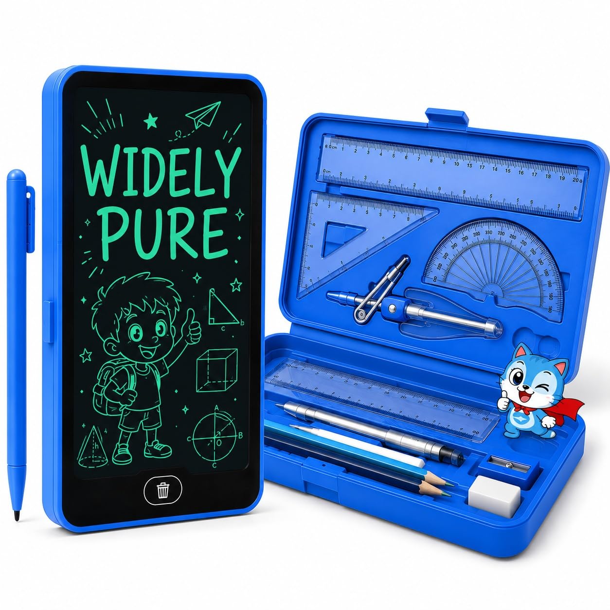 Widely Pure 2 in 1 LCD Writing Pad Doodle Board with Geometry Pencil Box for Kids 310 Years, Blue, Education Learning Toy