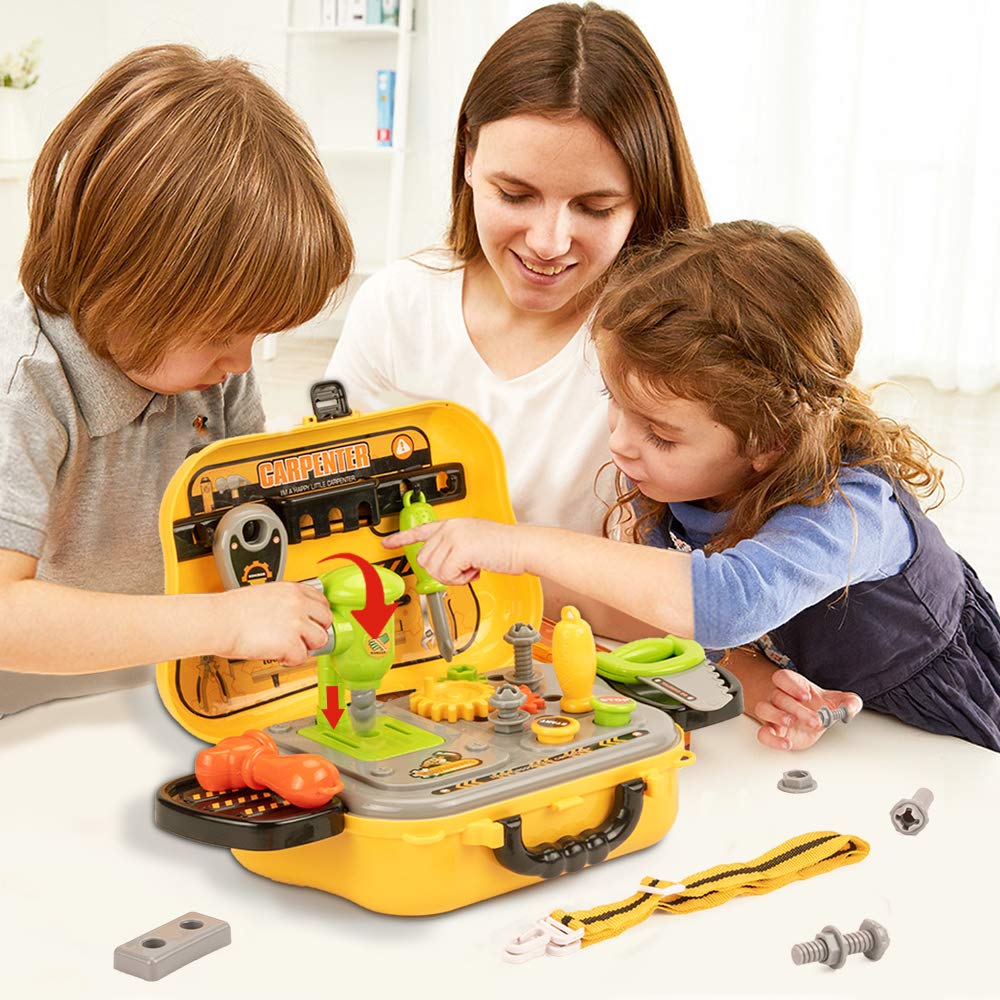 UNIH Kids Tool Sets for Boys Age 2-4 Childs Carpenter Preschool Fixing Tool Kit with Yellow Box, Toys for 2 Year Old