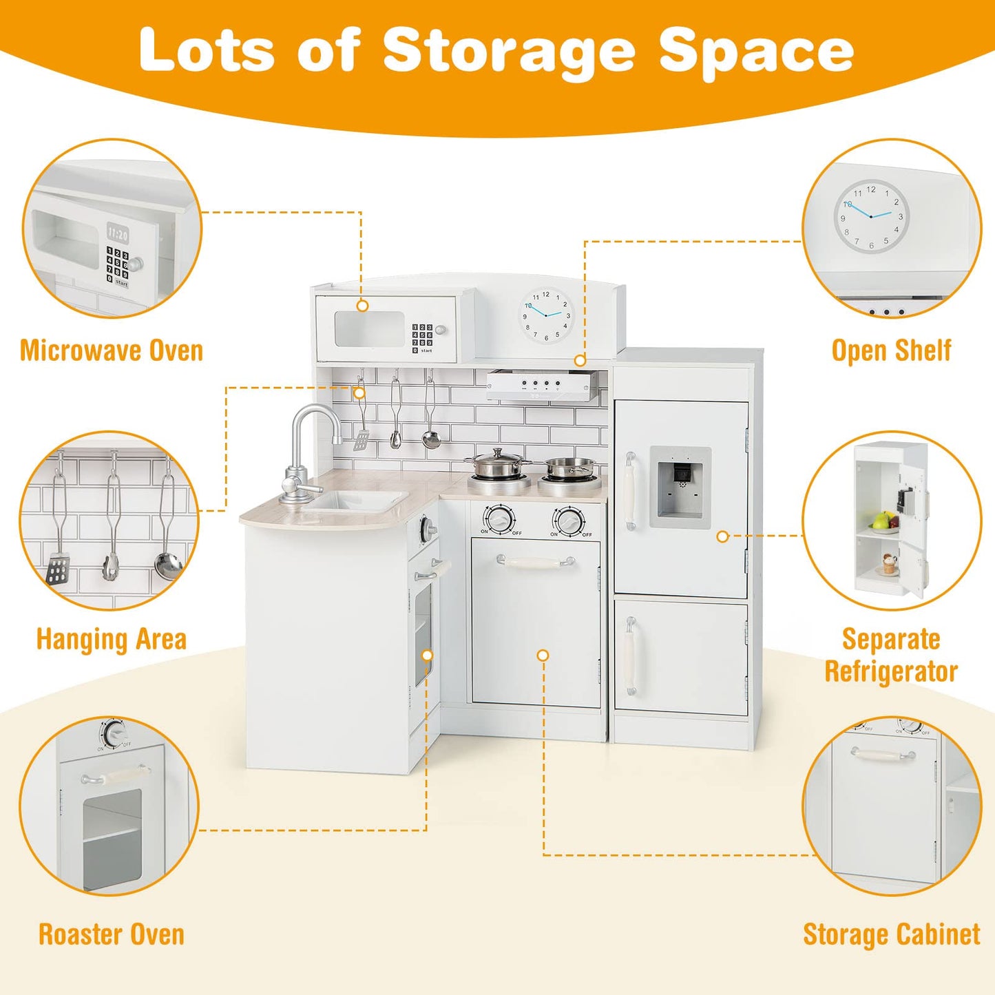 HONEY JOY Corner Kids Kitchen Playset, Little Chef Wooden Play Kitchen for Toddlers, Water Dispenser, Microwave, Range Hood, Ref