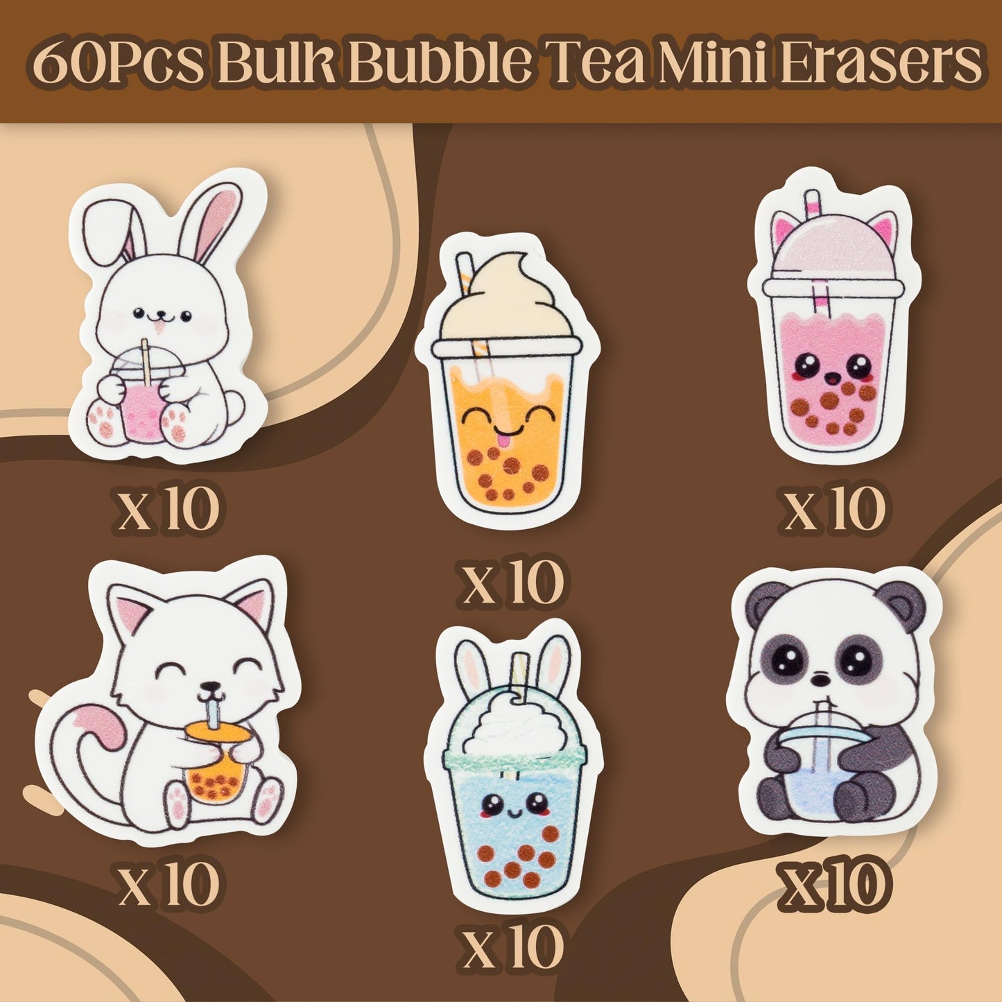 BZaber Bubble Tea Mini Eraser for Kids Bulk Christmas Winter Gifts 60Pcs Cute Kawaii Panda Rabbit Cat Boba Cup Pencils Erasers 3