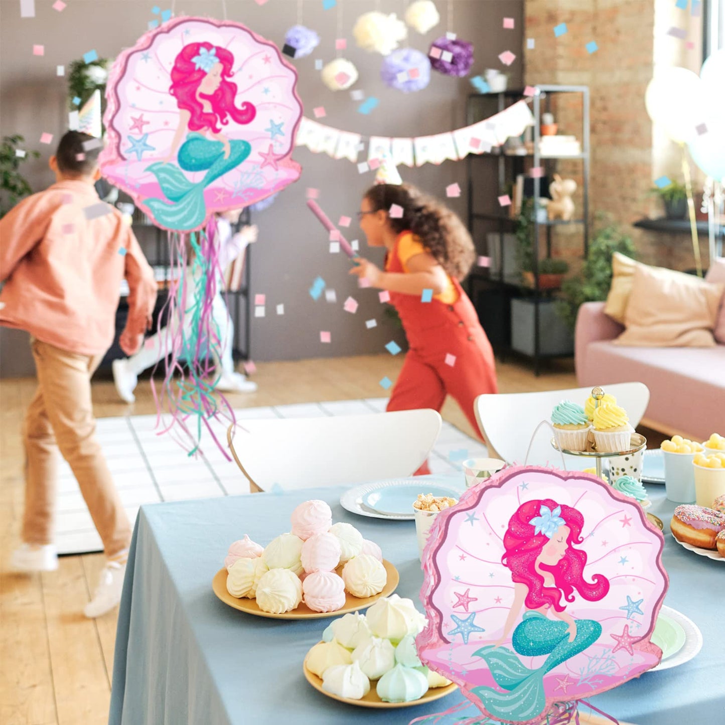 Ferraycle Mermaid Piata for Birthday Party Girl, Mermaid Party Supplies Piata with Blindfold, Bat and Confetti, Sea Ocean Theme