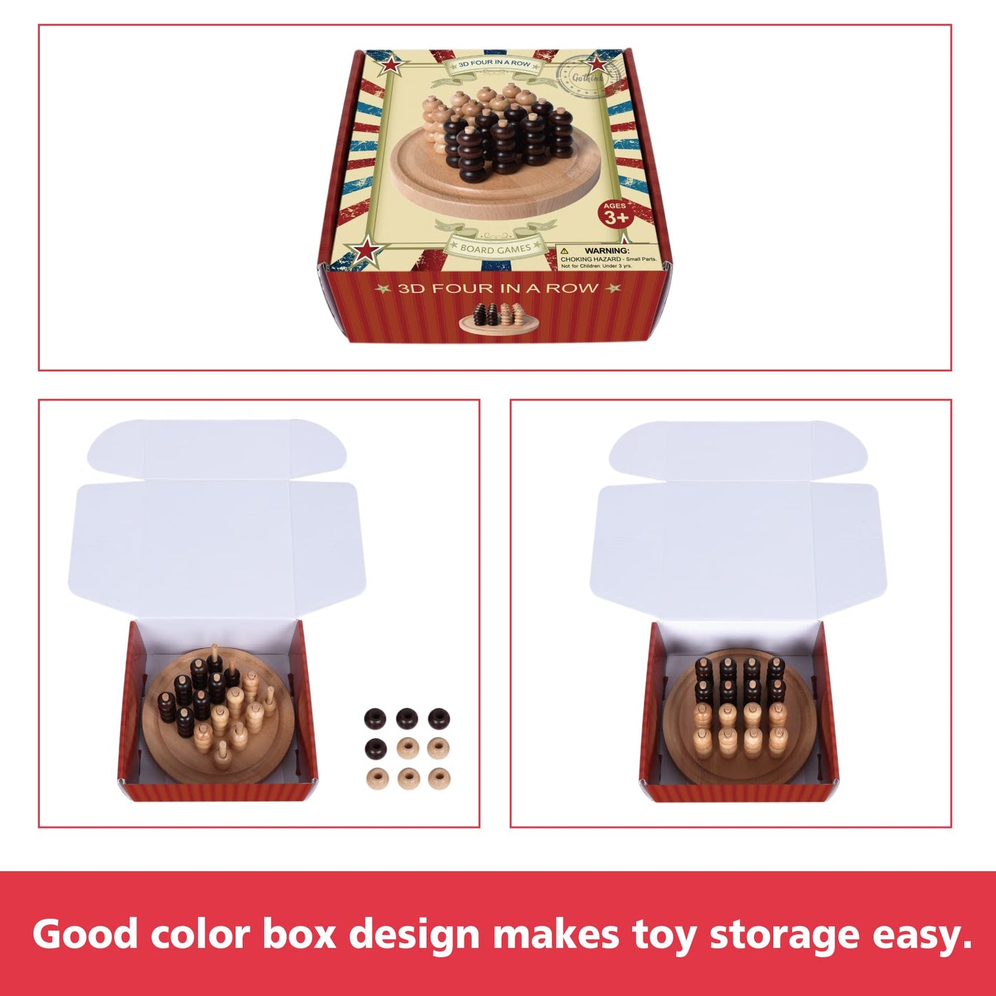 Gothink Portable 3D Wooden Four In A Row Board Games For Adults & Kids- 4 In A Row Game Set With Birch Chess For Family Night Games Birthday & Holiday Party Toy Gifts - Challenge Your Mind