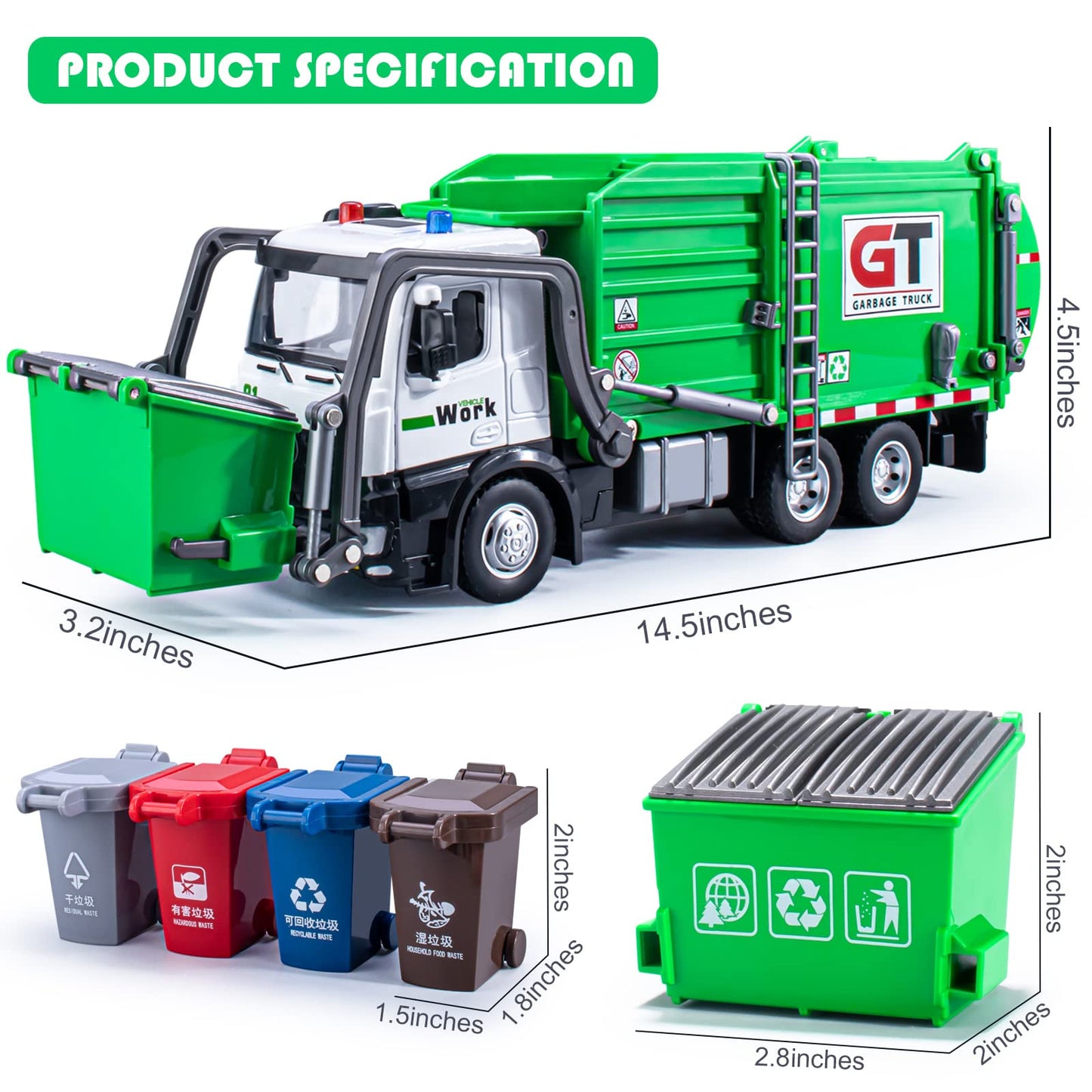 Garbage Truck Toys Metal Cab, Realistic Trash Truck Toys for Boys with Lights and Sounds, Friction Powered Recycling Truck for K