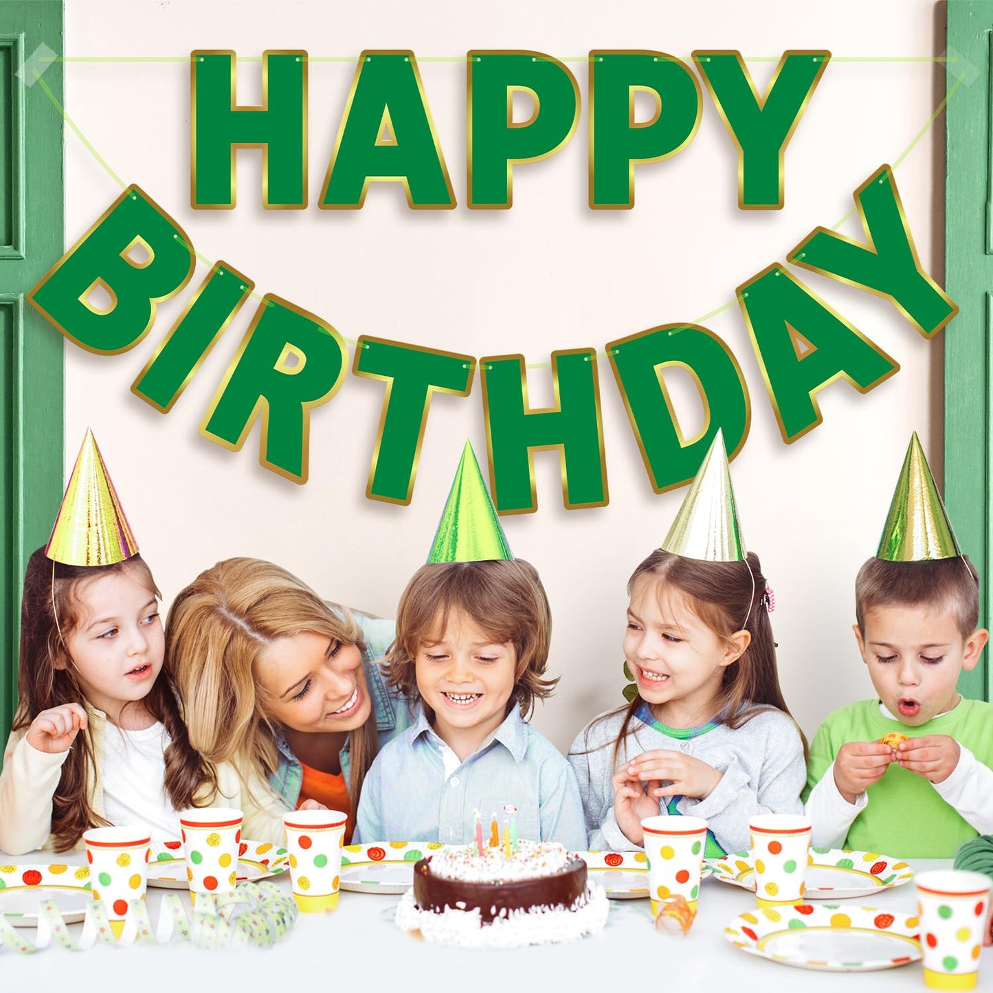 LITAUS Green Happy Birthday Banner - Pre-Strung, 9ft Paper Decorations, LH-01 for Kids, Men, Women