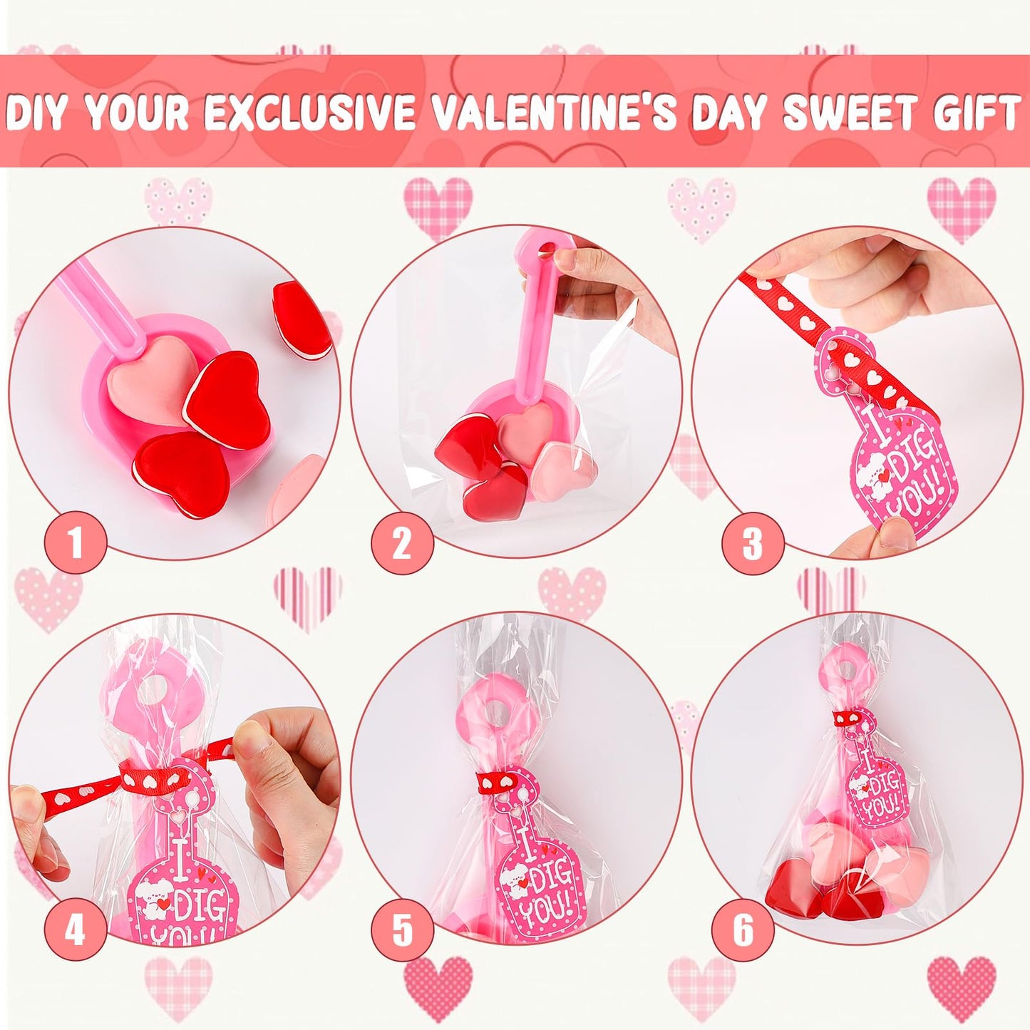 DTOFOOT 108 Pcs Valentines Day Plastic Shovels with I DIG You Cards Stickers Valentines Gift Candy Bags with Ribbon Valentines