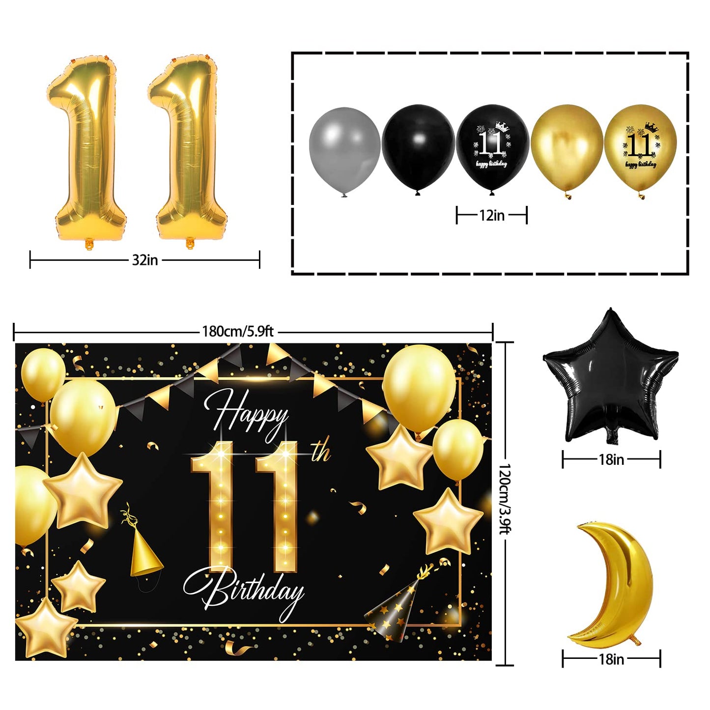 Happy 11Th Birthday Balloons Gold Set Decor - Cheers To 11 Years Old Party Theme Garland Star Moon Banner Backdrop Decorations F