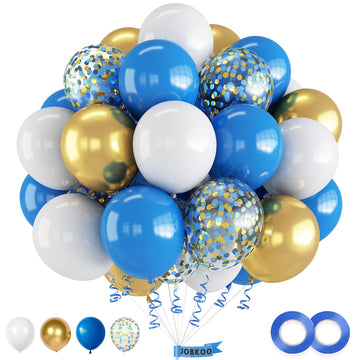 Blue White And Gold Balloons, 60 Psc Blue And White Balloons Set With Blue Gold Confetti Metallic Gold Balloons, 12 Inch Royal B