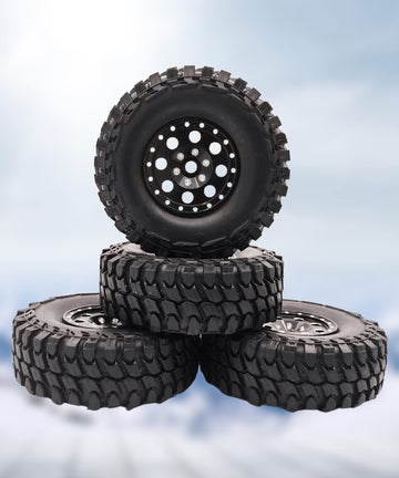 HOPLEX Beadlock Wheels and Tires 4Pcs Metal Micro Crawler Tires with Red 7mm RC Wheel Hex Hub Spacer for Axial SCX24 90081 1/24