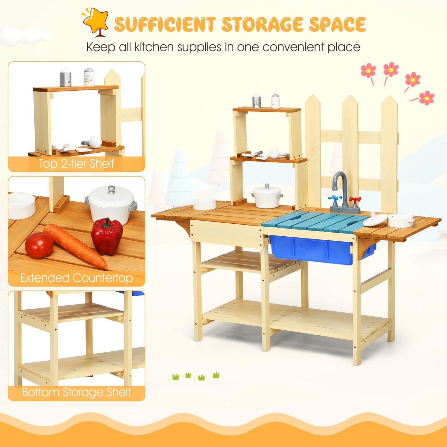 Honey Joy Kids Mud Kitchen Playset, Indoor Outdoor Wooden Pretend Play Toy Kitchen With Removable Sink, Simulated Faucet, Mud Ki
