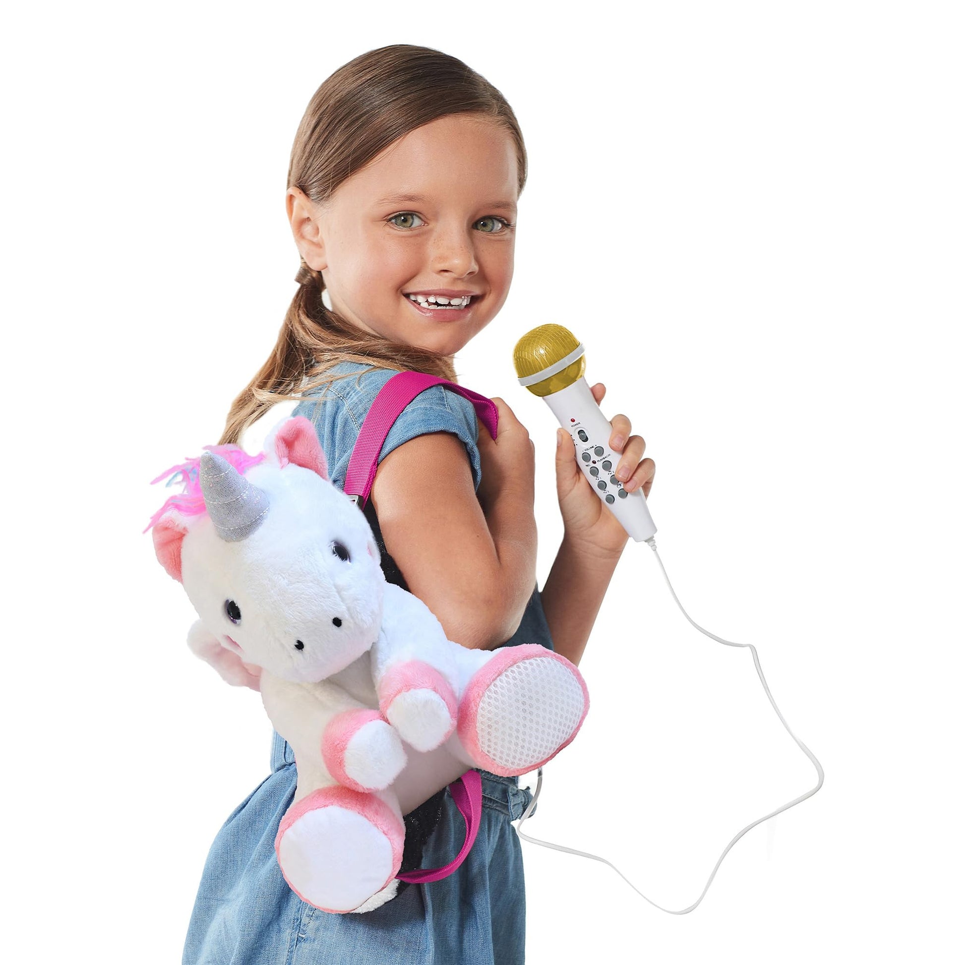 Singing Machine Portable Karaoke Machine For Kids, Plush Toy Backpack With Microphone - The Sing Along Crew, Uni Queen (White & Pink) - Built-In Karaoke Speaker With Songs, Sound Effects, & Recorder