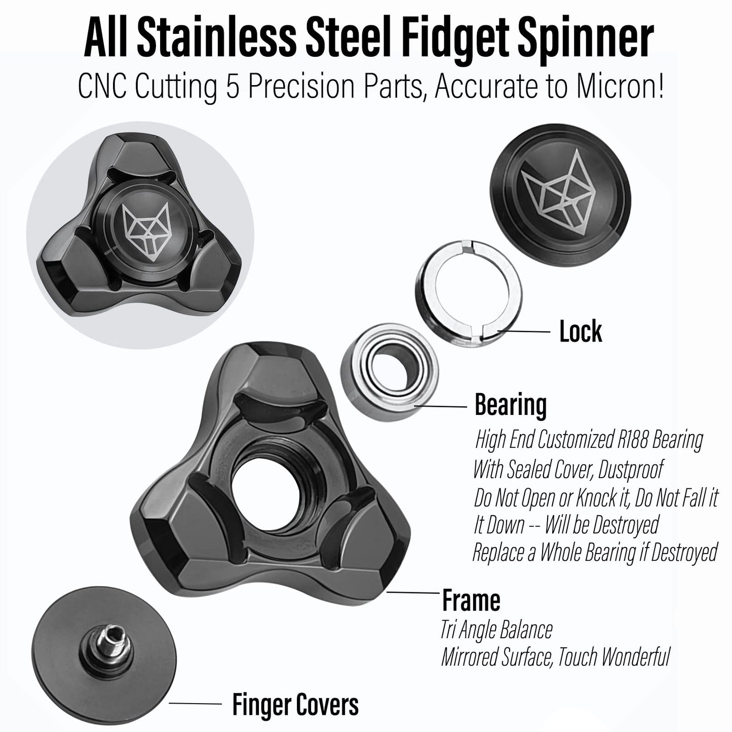 Freelove Metal Fidget Spinner, Stainless Steel Heavy, Long Spinning Toys, Cool Silent, Small Mini Fox Figette Spiner For Adults Men Anxiety, Quiet Bearing, Black