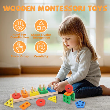 YHHYTOY Montessori Toys for 1 2 3 Year Old - Wooden Baby Stacking Toys Sensory Educational Shape Sorter Color Sorting Toy for Toddlers 1-3  Birthday Gifts for Girls Boys Kids