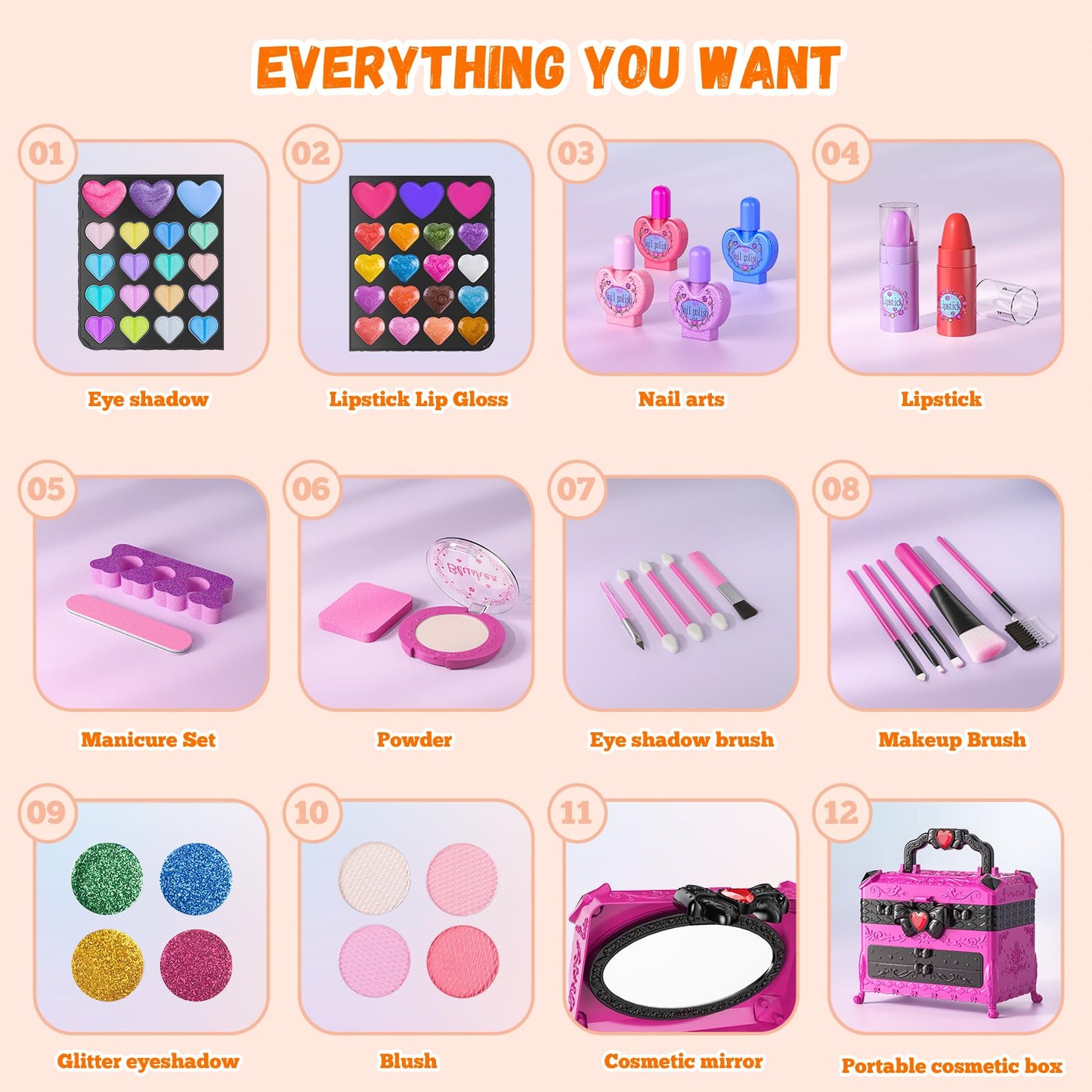 Kids Makeup Kit for Girl - 66Pcs Kids Washable Makeup Kits, Real Makeup Girls Toys Girl Makeup Sets for Toddler Kid Children Chr