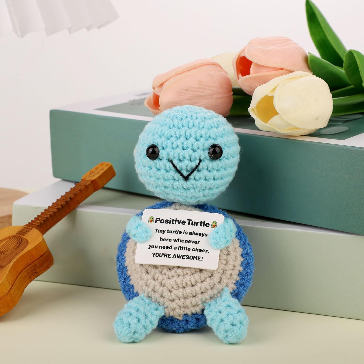 Positive Turtle Crochet  Mini Crochet Turtle Funny Emotional Support Animal Small Crochet Plush Toy with Positive Messages Cheer up Knitted Doll for Women Inspirational Gift Party Decoration(Blue)