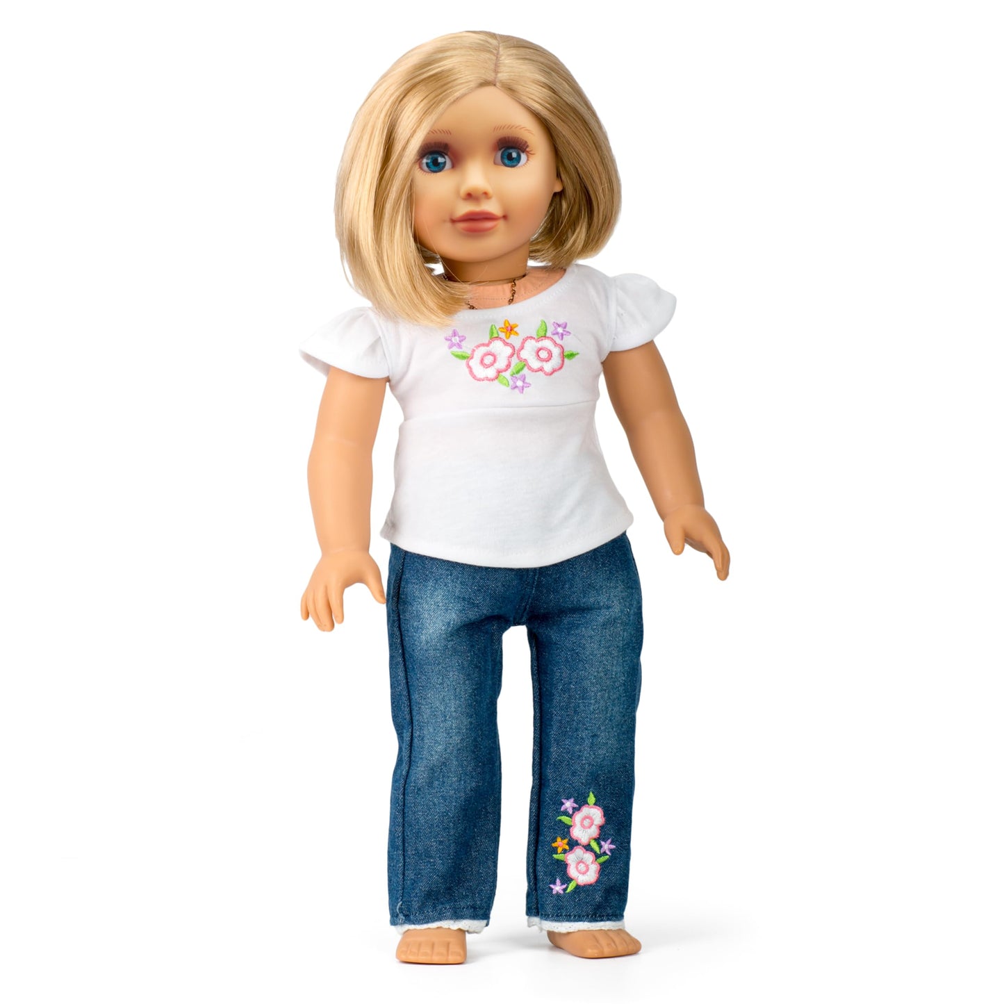 Casual T-Shirt & Jeans 2pc Doll Outfit - enhanced Handmade Clothes & Accessories Compatible w 18 American Girl Dolls- Set Includes Jeans & Floral T Shirt  Gift Set for Girls  Kids  & Doll Collectors