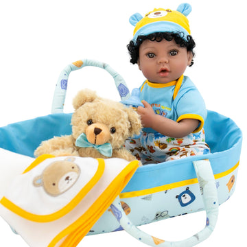 Aori Reborn Baby Dolls Black Blue Bassinet 18 Inch Lifelke Baby Boy Doll Biracial Newborn Baby In Carrier Bed With 7-Piece Gift Set