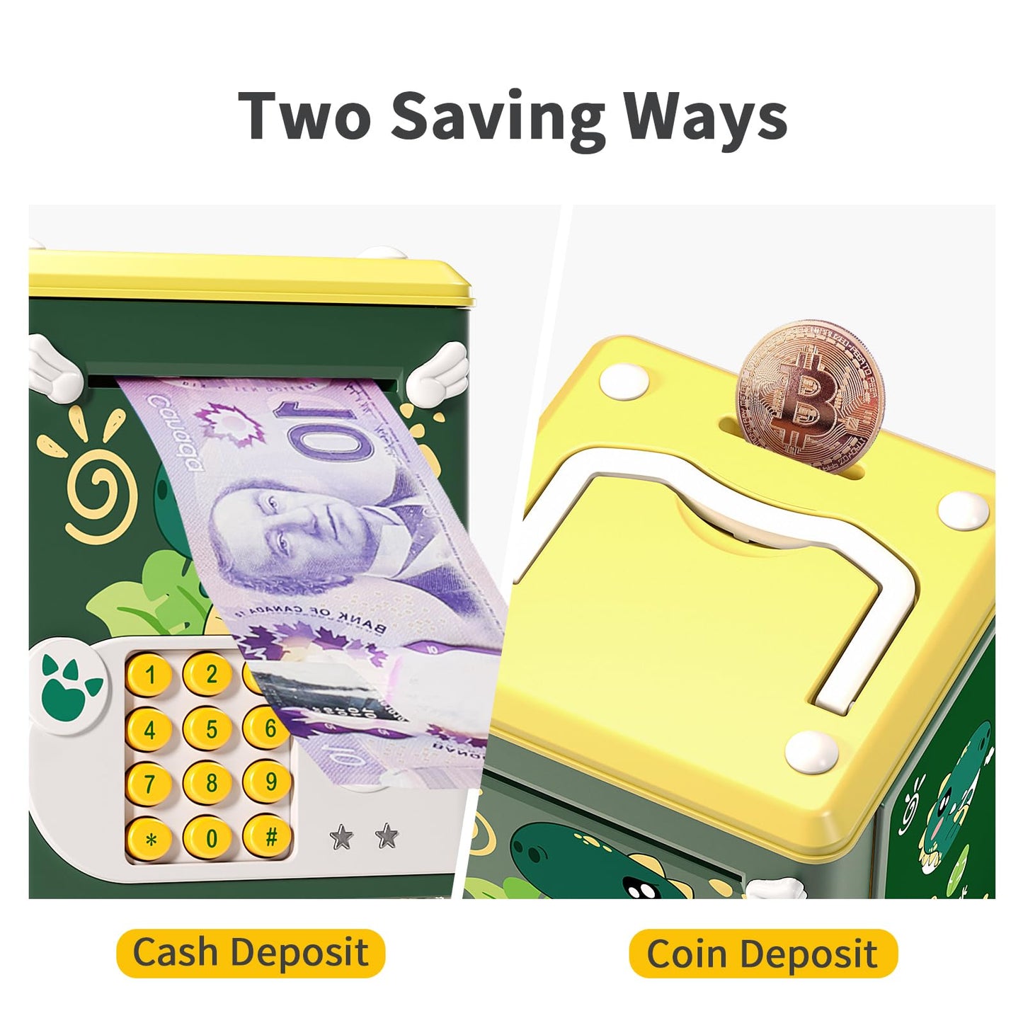 AIQI Dinosaur Electronic Piggy Bank for Boys,Mini ATM Toys of Kids,Savings Machine with Personal Password & Fingerprint Unlockin