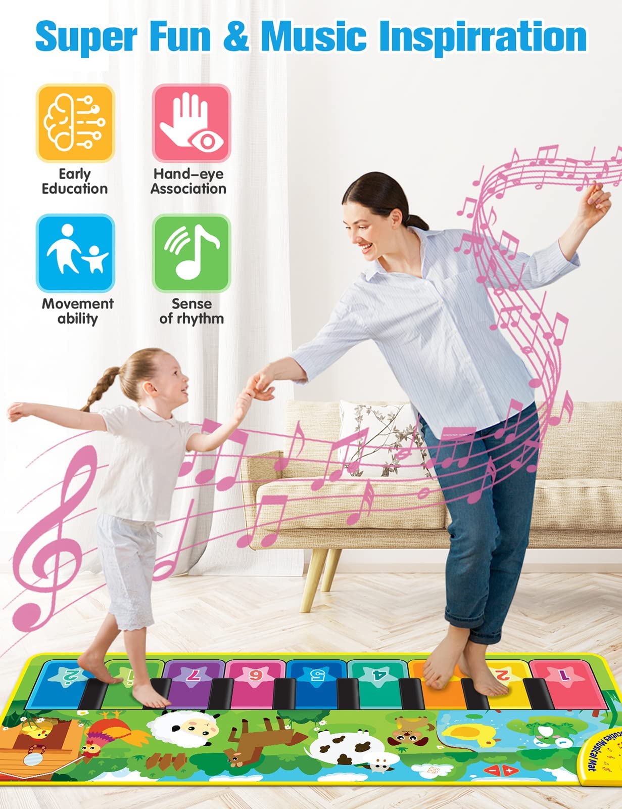 EduCuties Baby Musical Learning Toy - Floor Piano Playmat with Animal Flash Cards & Touch Keyboard, Model EC-MusicalMat-02