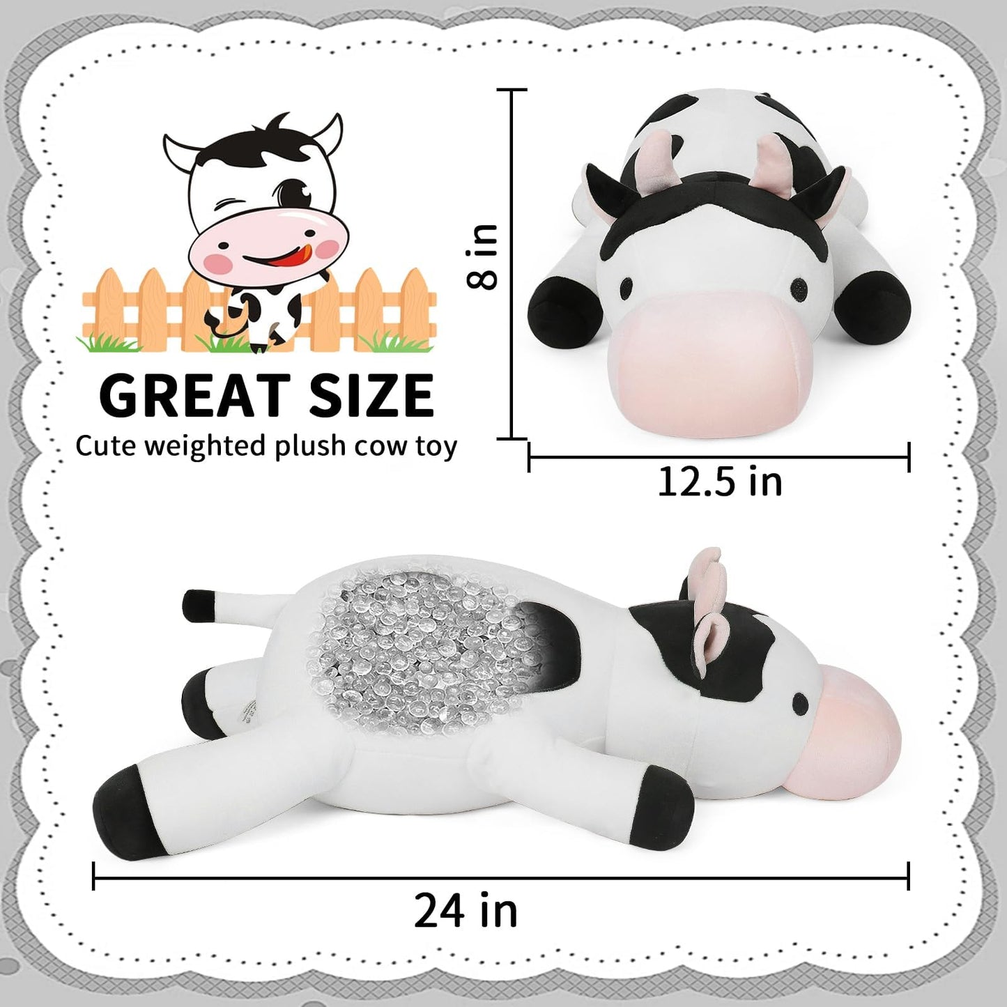 Florviv Weighted Cow Stuffed Animals Weighted Plush Toy 24'' 4.2Lb Cute Cow Hugging Dolls Plushies Pillows For Boys And Girls (W