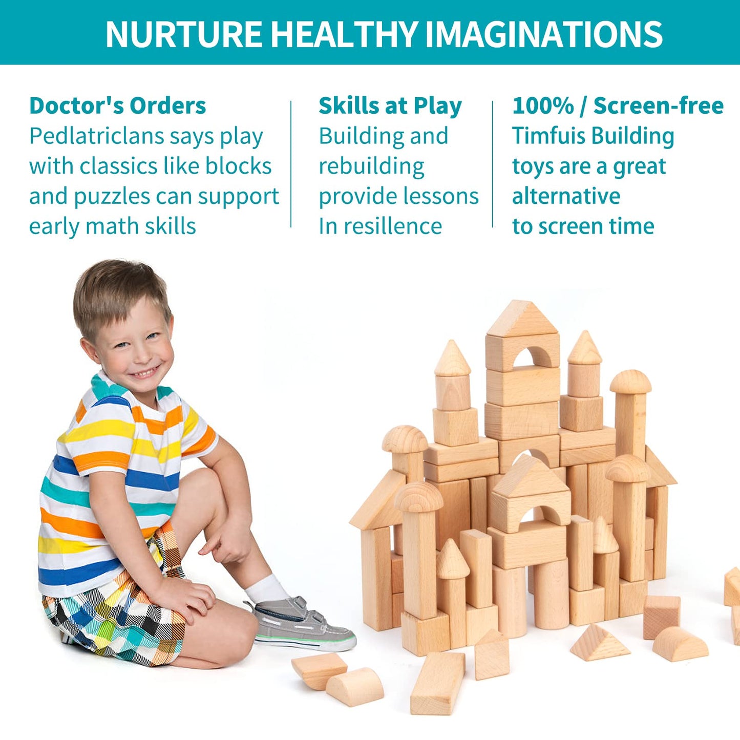 Timfuis Wooden Building Blocks Set, 80 PCS Natural Wood Stacking Block Toy with Carrying Bag, Montessori Learning Birthday Gifts