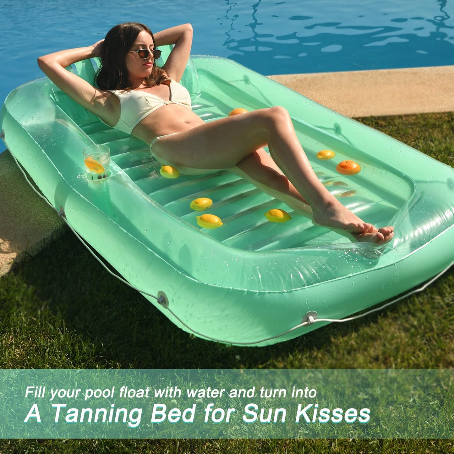 Float Joy Inflatable Tanning Pool Lounger - Large Clear Mint Green PVC Float for Sunbathing and Relaxation