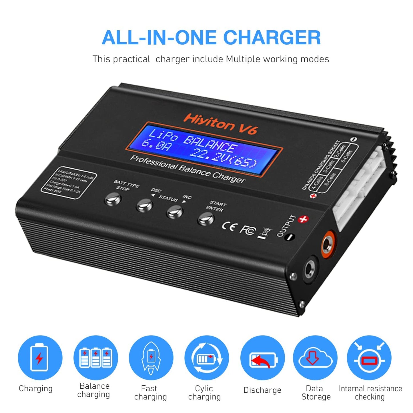 Lipo Battery Charger, 1S-6S Balanced Charger Discharger, 1-6S Lipo Li-ion NiMH NiCD Li-Fe Battery with Tamiya XT60 Deans Futaba