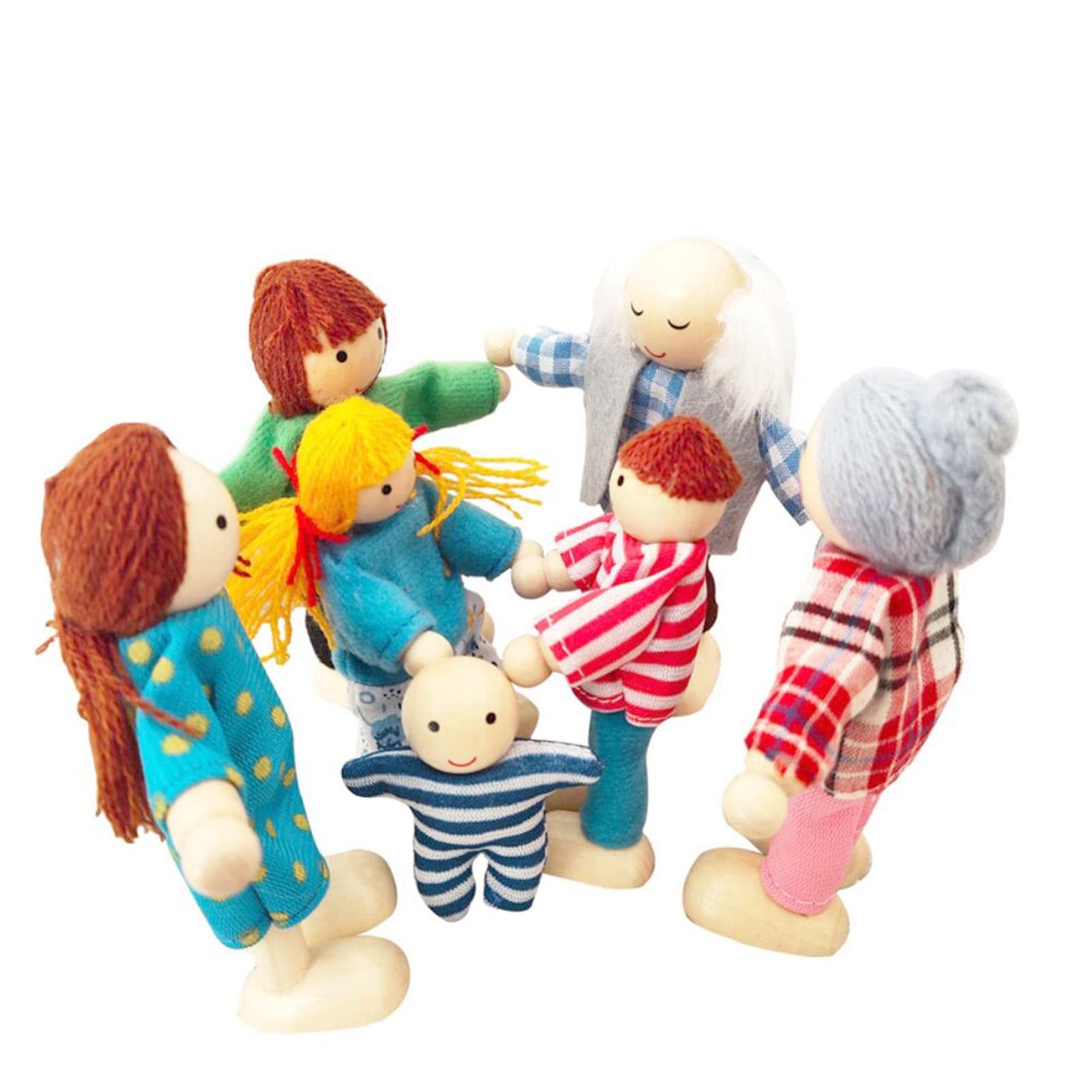 HYSTYLE 7 Pack Wooden Doll House with Family Dolls and Pretend Play Figures  Mini People Figures (Stripe People)
