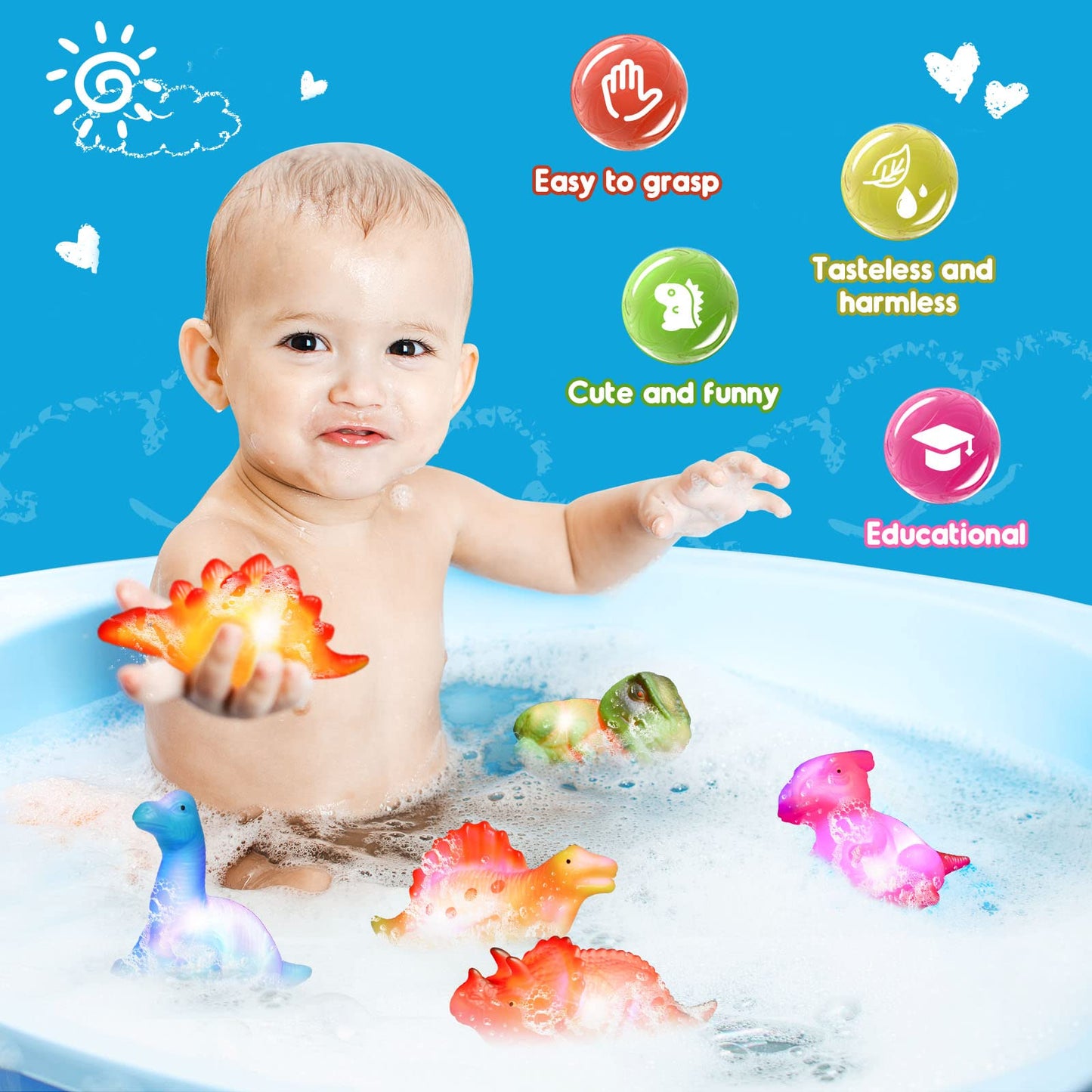 Baby Bath Toys For Toddlers 1-5, 6 Packs Light Up Floating Dinosaur Toys For Kids 1-5 Year Olds Boys Girls Easter Basket Birthday For Babies Age 1-5 Sensory Toys Preschool Bathtub Pool Shower Games