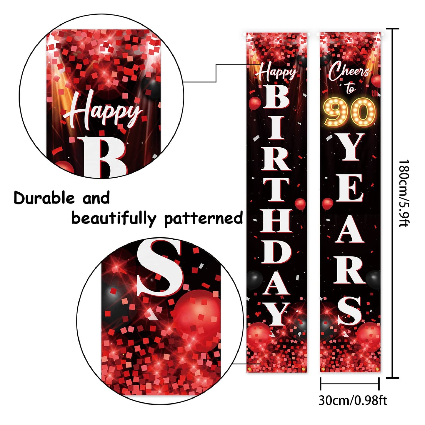 Happy 90Th Birthday Porch Sign Door Banner Decor Red And Black - Glitter Cheers To 90 Years Old Birthday Party Theme Decorations