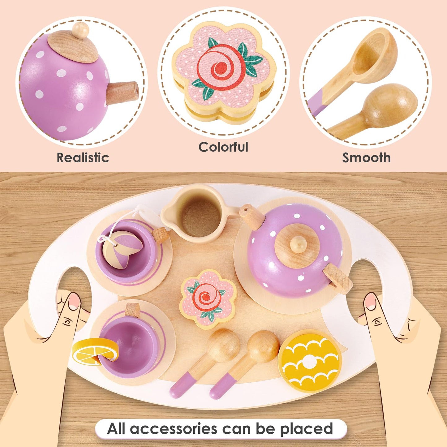 BUYGER Wooden Tea Party Set for Little Girls with Play Food Kitchen Accessories Toy Pretend Play Princess Tea Party Time for Gir