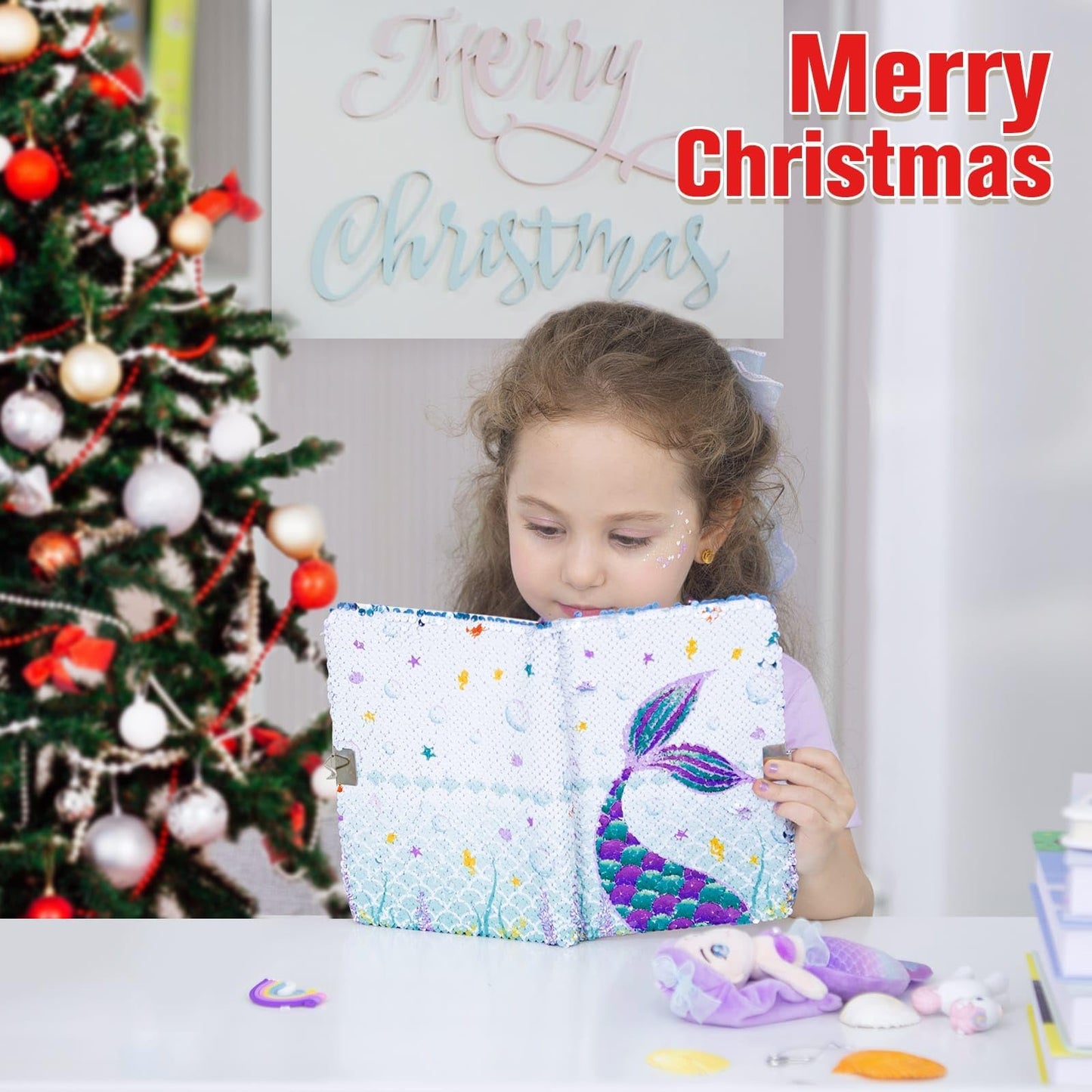 Wernnsai Mermaid Diary For Girls With Lock - Reversible Sequins Kids Journals Unique Mermaid Gift Diary For Girls Ages 6-8, Travel School Office Notebook Notepad A5 Diary