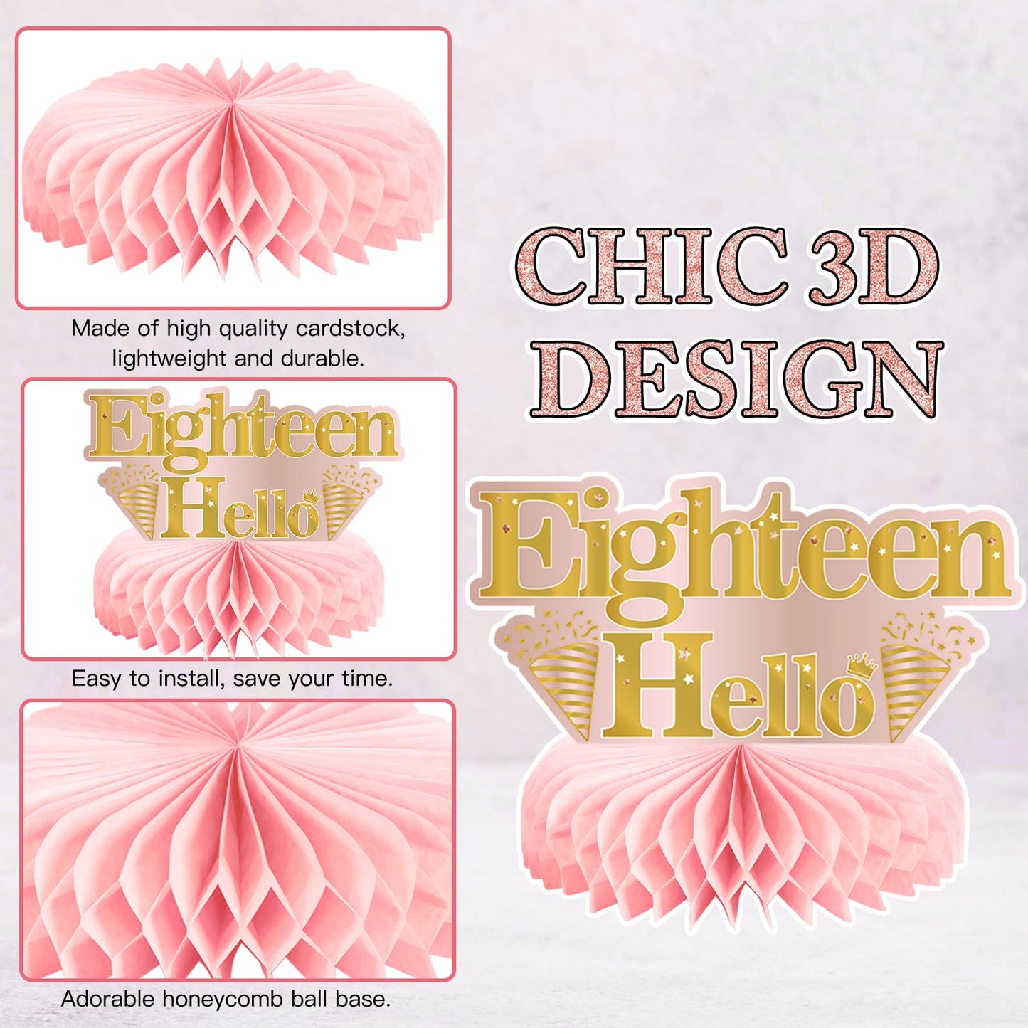 9Pcs 18Th Birthday Decorations Pink Rose Gold Honeycomb Centerpieces For Girls,Happy 18Th Birthday Table Centerpieces Party Supp