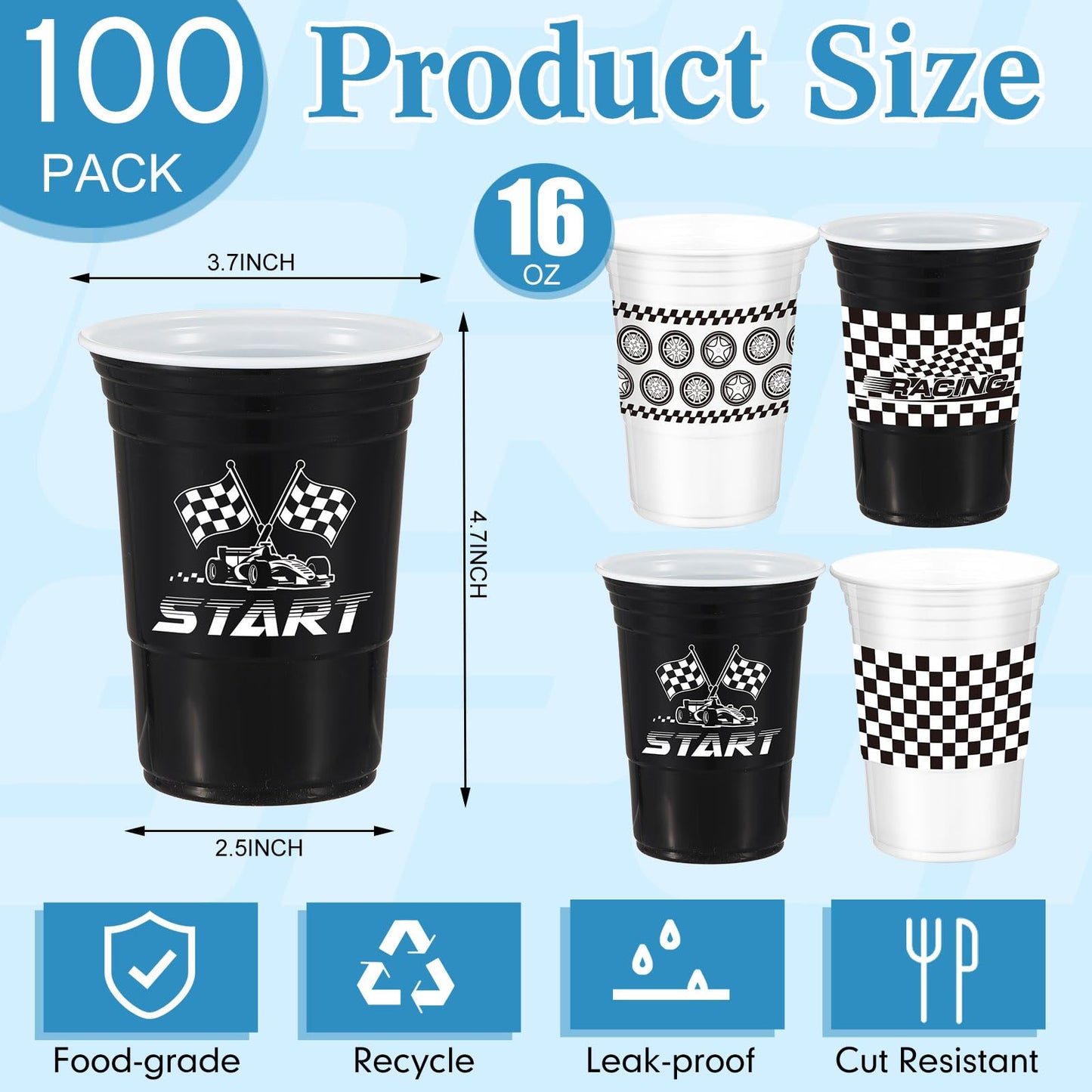 Qinyoung 100 Pcs Race Car Party Supplies Bulk 16 oz Checkered Flag Cups Racing Themed Thick Plastic Cup for Race Car Birthday Pa
