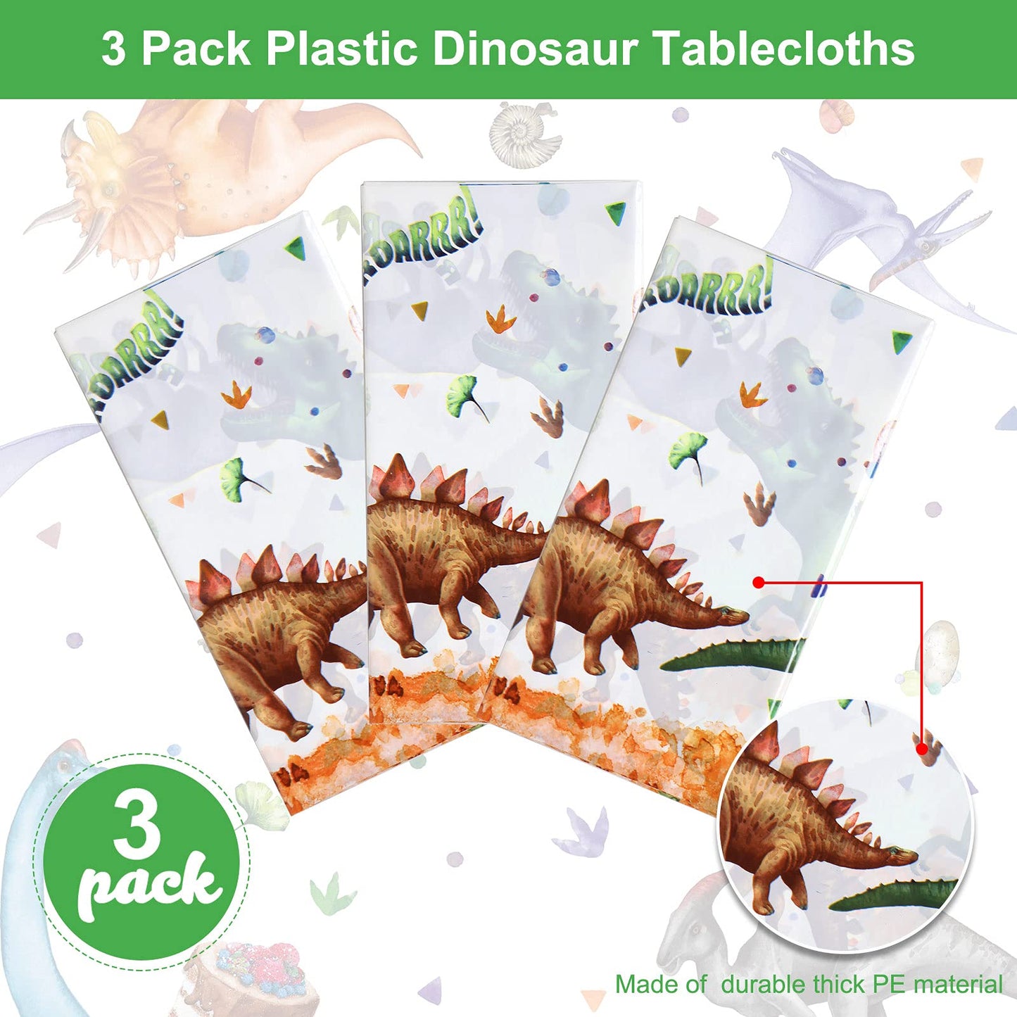 Tatuo 3 Pcs Watercolor Dinosaur Tablecloth 54 x 108 Inch Dinosaur Birthday Party Plastic Table Cover Decoration Disposable Water