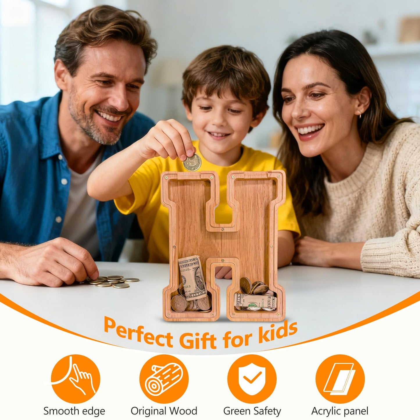 Wooden Letter Piggy Bank for Kids  Initial Coin Bank for Boys and Girls  First Name Personalized Savings Bank for Birthday Boys Girls Gift Piggy Bank for Kids (Wood  S9-H)