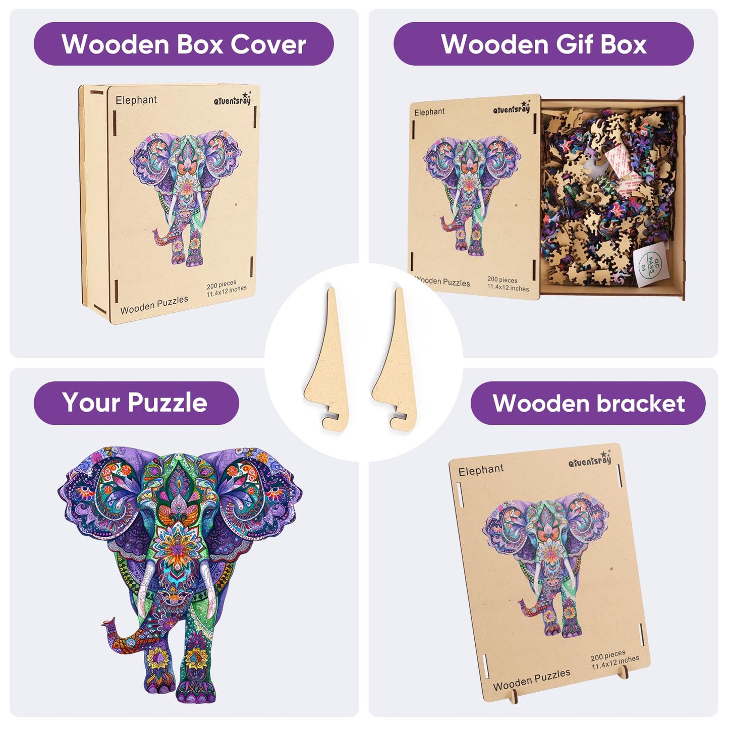 Qiuenisray Wooden Jigsaw Puzzles-Elephant,200Pcs,12.4X11.4In,Medium,Wooden Puzzles For Adults,Unique Shape Animal Adult Puzzles,
