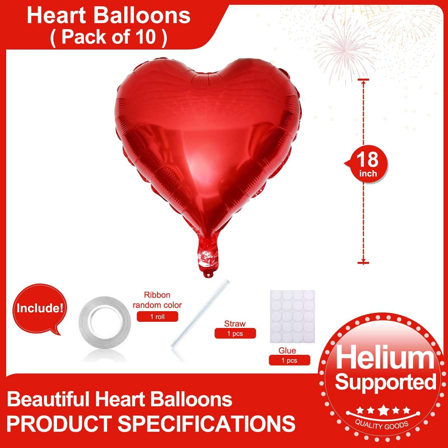 Lovoir 10 Pcs Red Heart Shape Foil Mylar Balloons 18 Inch Love Balloons For Valentine'S Day Birthday Party Decorations Wedding E