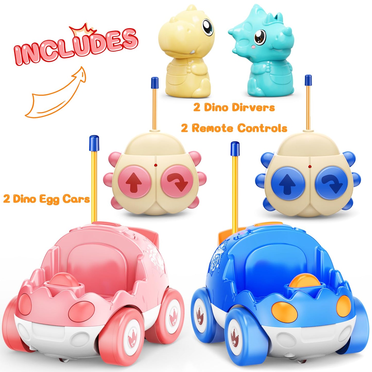 2 Pack Remote Control Car Toys for Girls 2 3 4 Years Old, Race Cars for Toddlers, Dinosaur Toys for Kids 2-4, RC Car Toys with M