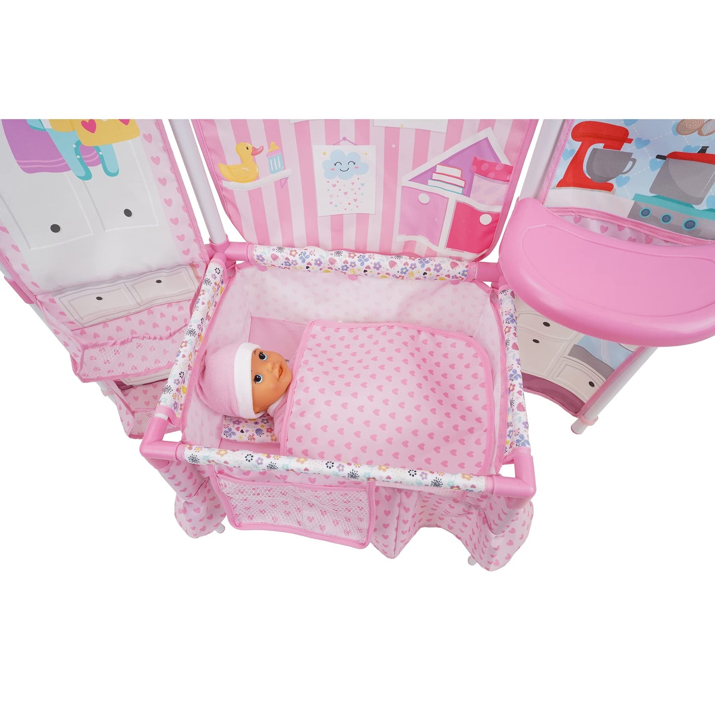 509 Crew BnB Pink Doll Furniture Set - 14 Baby Doll, Built in Highchair & Play Yard, Accessories, Kids Pretend Sleep Play Set