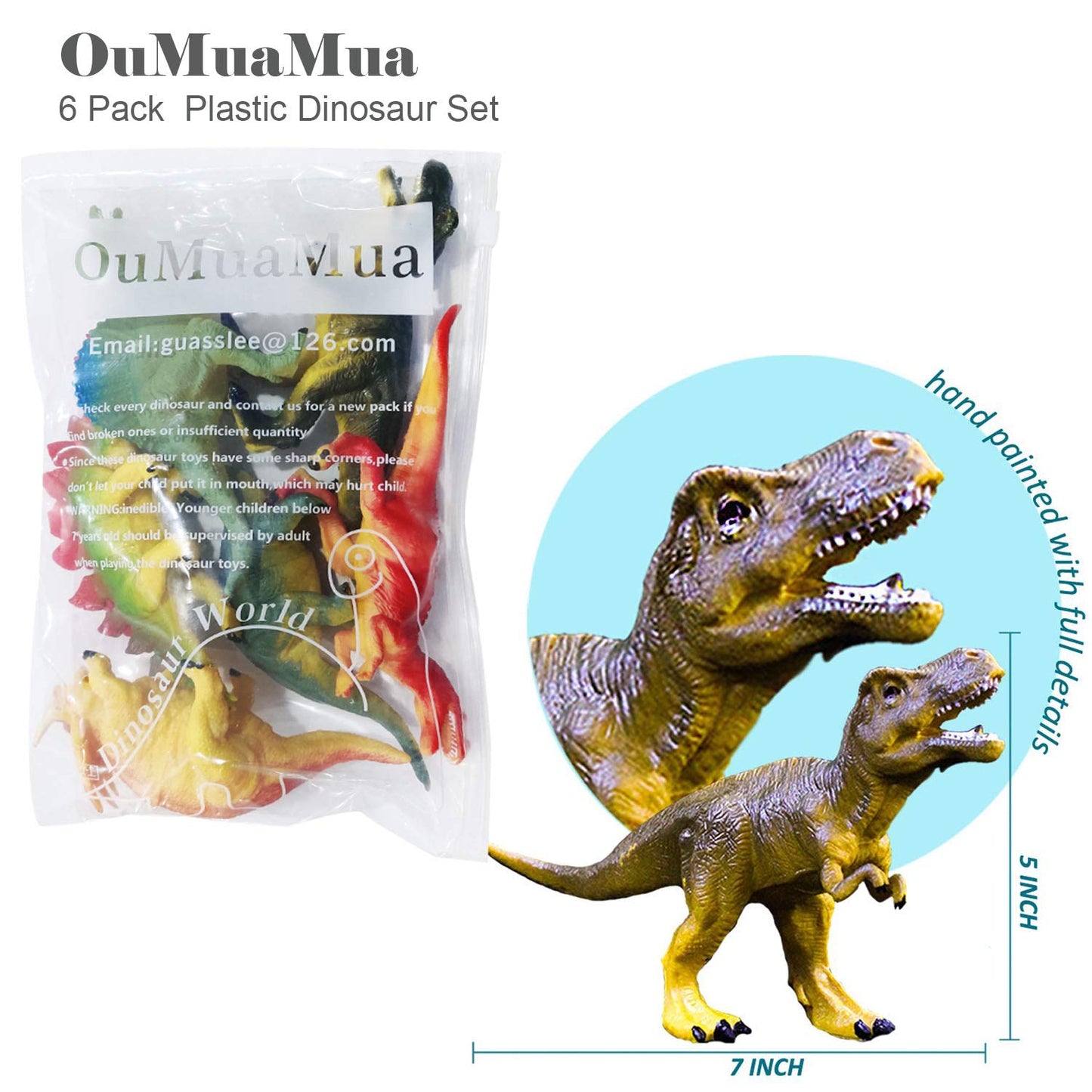 OuMuaMua Dinosaur Toys Set - 6 Plastic Figures (T-Rex, Stegosaurus) - 7 Inch Size - Mixed Colors - Ideal for Kids Educational Play