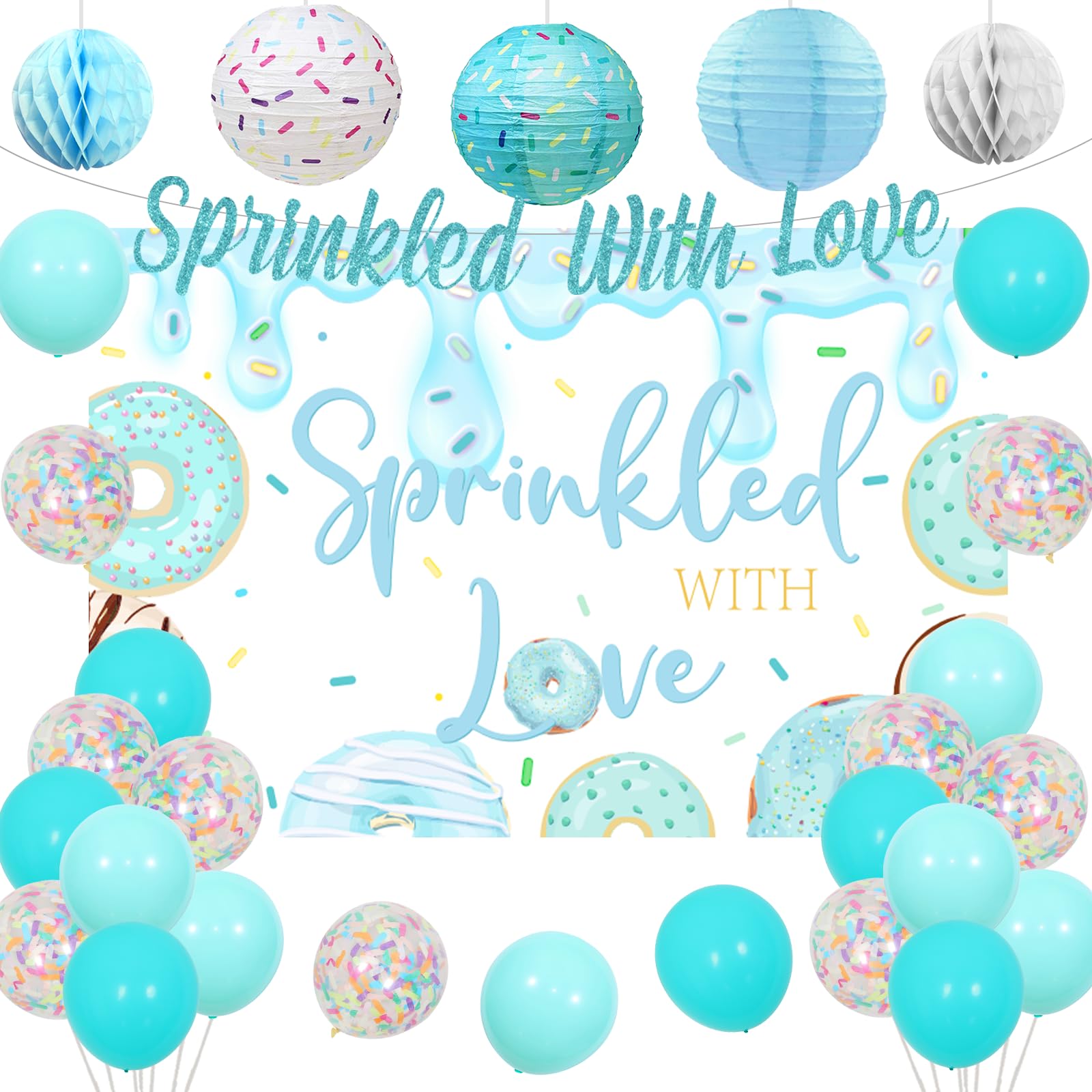 JOYMEMO Donut Sprinkle Baby Shower Decorations Boy - Blue Sprinkled with Love Baby Shower Backdrop Banner Decor with Donut Sprin