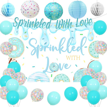JOYMEMO Donut Sprinkle Baby Shower Decorations Boy - Blue Sprinkled with Love Baby Shower Backdrop Banner Decor with Donut Sprin