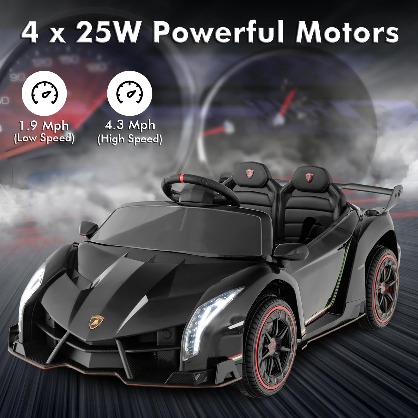 Olakids 2 Seater Kids Ride On Car, 12V 4WD Electric Lamborghini Veneno, Black, 44’’ x 24’’ x 18’’, Remote Control, Music