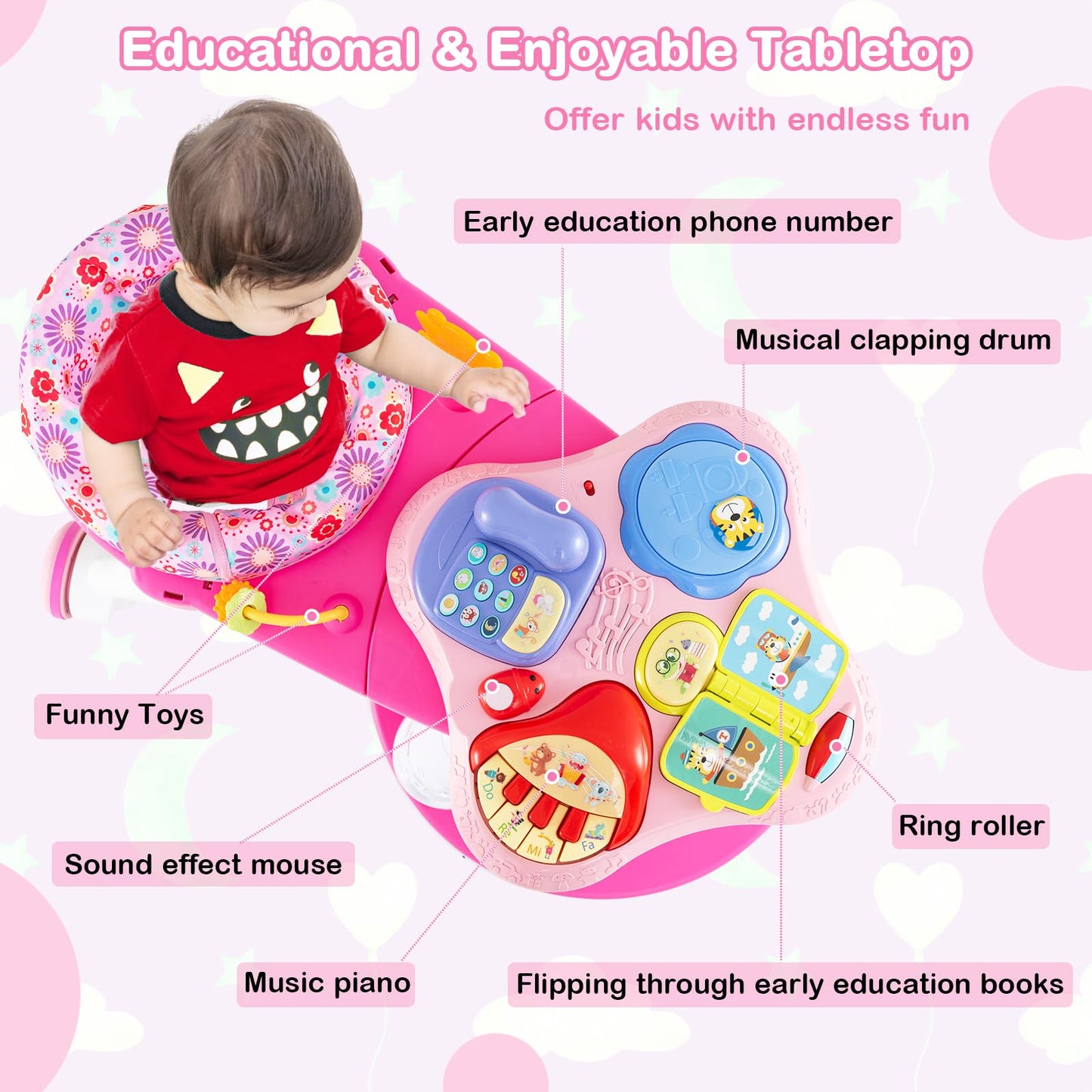 HONEY JOY Baby Activity Center, Discovery Activity Center and Table w/ 360 Walk-Around Seat, 3 Adjustable Heights, Music, Sounds