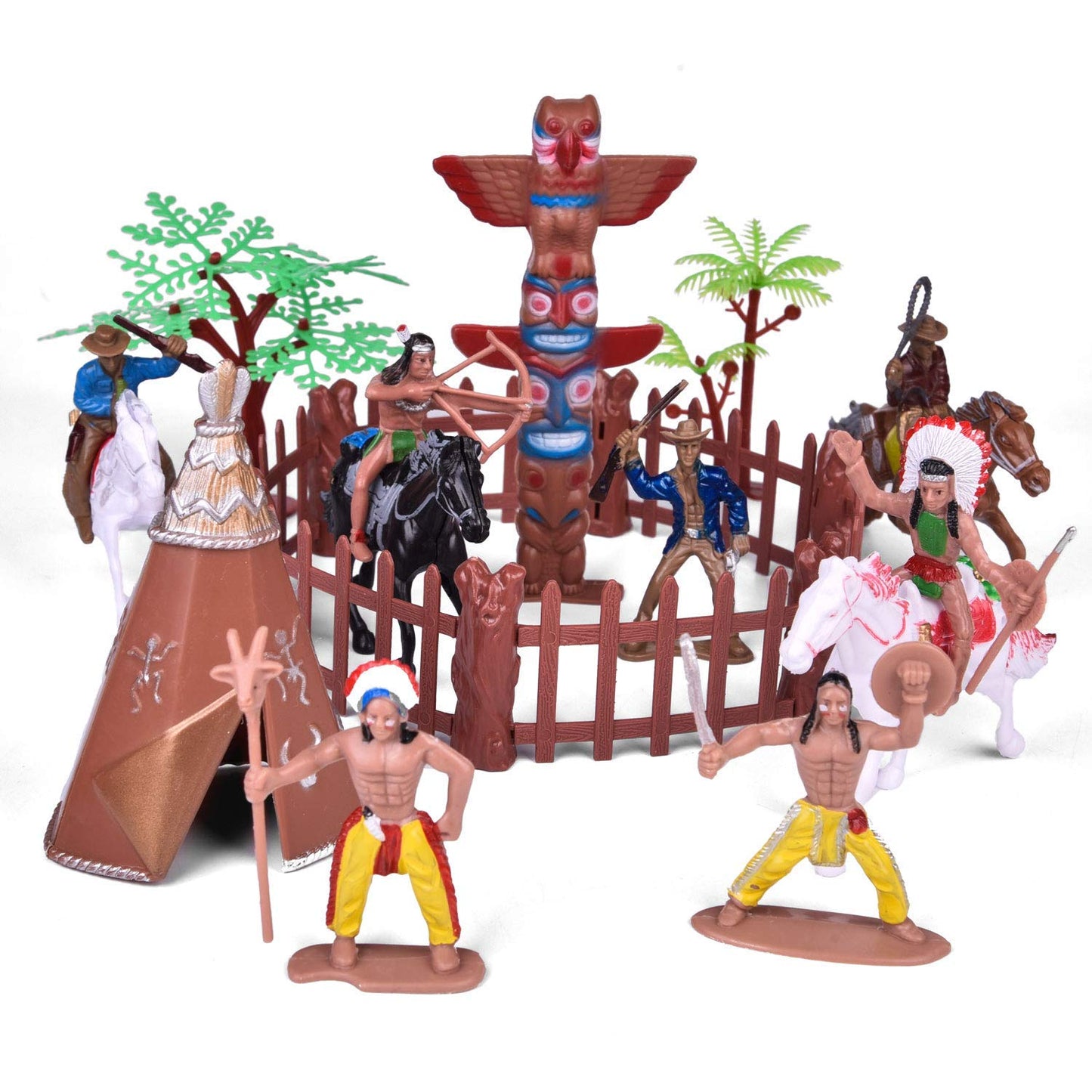 Fun Little Toys 61 Pcs Wild West Cowboys And Indians Plastic Figures Toys, Toy Soldiers For Kids, Wild West Figure Playset With Horse, Tent, Army Men Boy'S War Game, Educational Toys, Birthday Gift