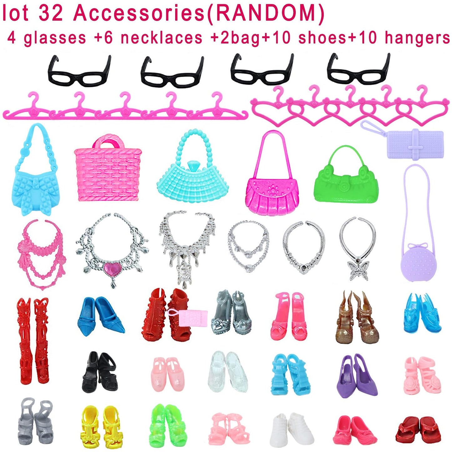 Bjdbus 42 Pcs Doll Clothes And Accessories Including 10 Pcs Fashion Mini Dresses 32 Pcs Shoes, Glasses, Necklaces, Handbag, Hangers Accessories For 11.5 Inch Girl Doll
