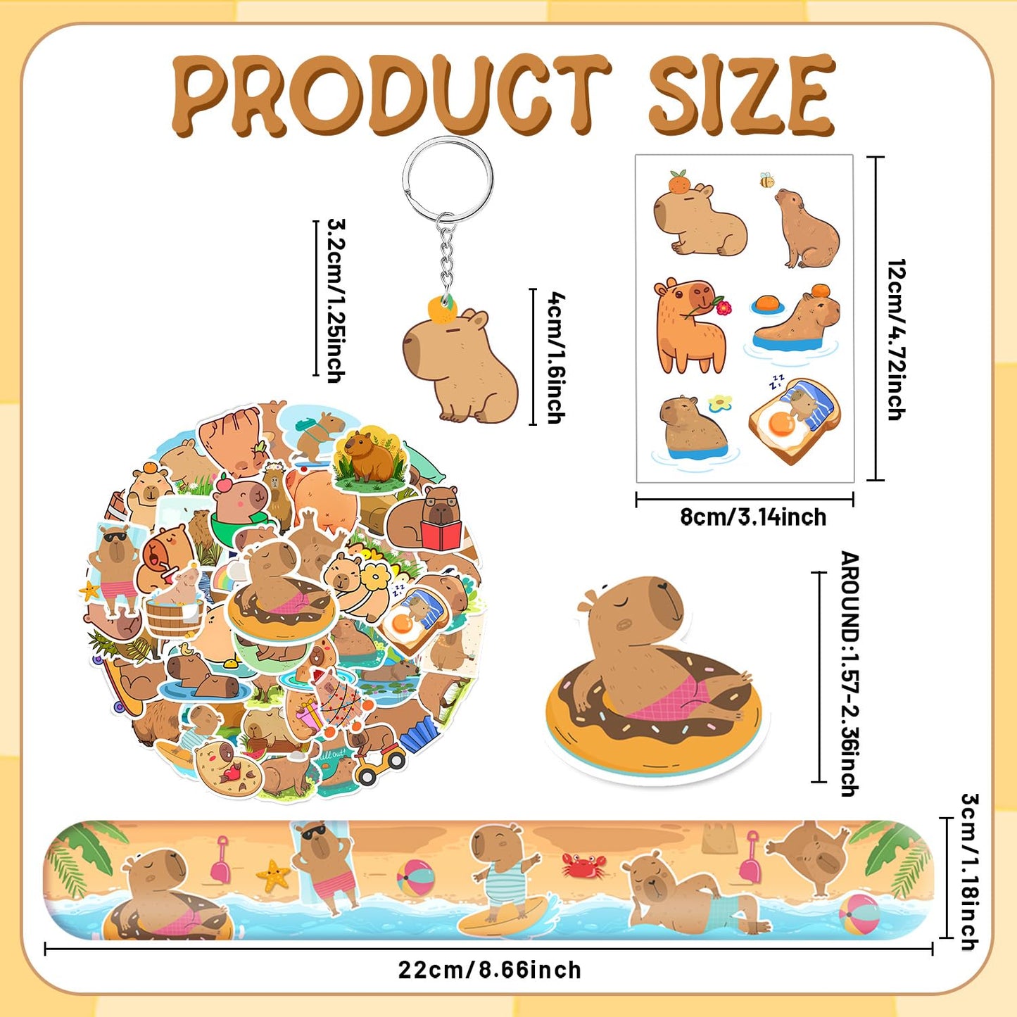 Lcnjscgo 98 PCS Capybara Party Favors, Capybara Temporary Tattoos, Slap Bracelets, Keychains, Stickers, and Badges for Kids Capy