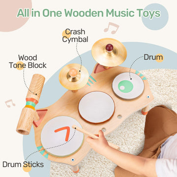 OATHX Kids Drum Set - Montessori Musical Instruments for Toddlers 3+, Medium Wooden Music Toys in Neutral Morandi Colors, Perfect Birthday Gift